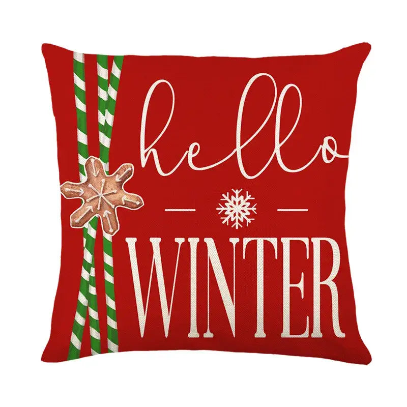 Red linen pillow cover by decorbites christmas santa featuring hello winter text and festive candy cane and gingerbread design