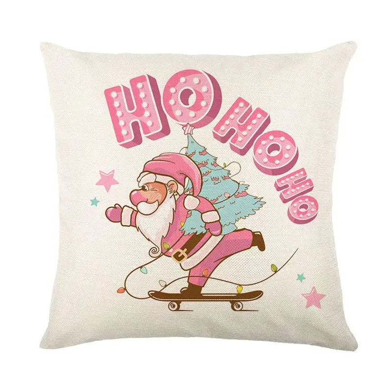 Beige linen pillow cover featuring playful pink santa claus riding skateboard with christmas tree decorbites christmas santa