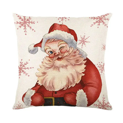 Cream-colored linen pillow cover with vintage santa claus and pink snowflakes decorbites christmas santa design