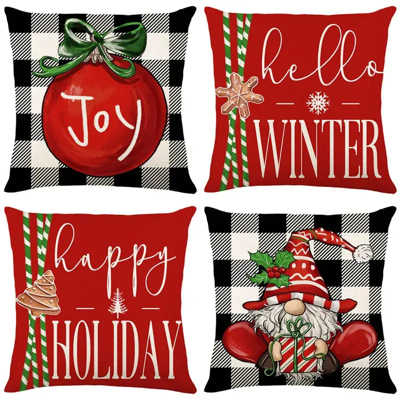 Set of four decorbites christmas santa claus pillow covers in red and black plaid linen with festive holiday designs