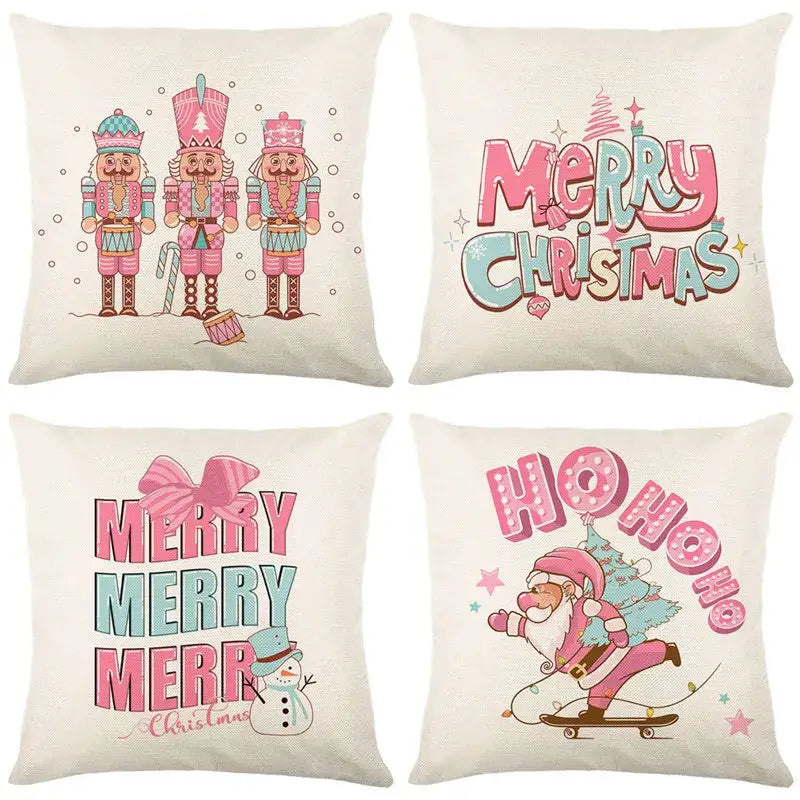 Beige DecorBites Christmas Santa Claus linen pillow cover with festive nutcracker, snowman, and merry Christmas designs