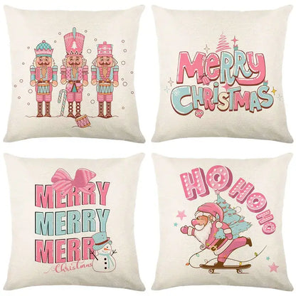 Beige DecorBites Christmas Santa Claus linen pillow cover with festive nutcracker, snowman, and merry Christmas designs