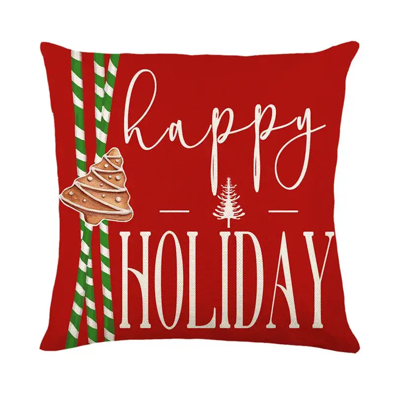 Decorbites christmas santa linen pillow cover red with happy holiday text candy canes and gingerbread tree design