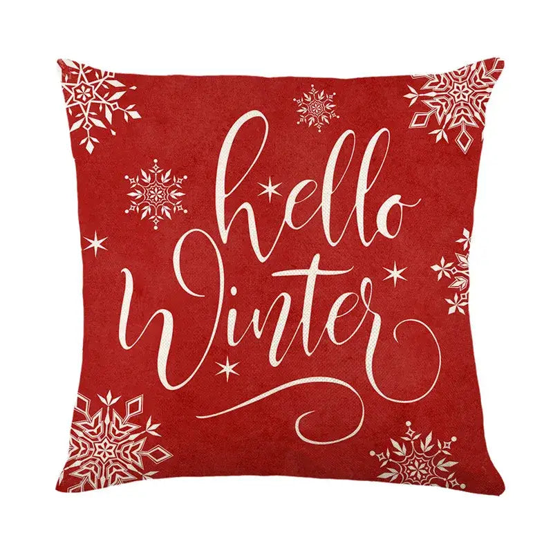 Decorbites christmas santa claus red linen pillow cover with hello winter script and snowflake patterns for sofa use