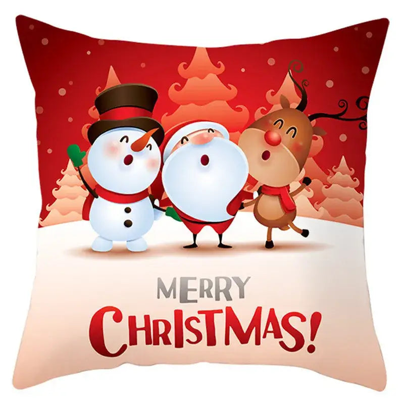 Red and white decorbites christmas santa pillow cover featuring santa claus snowman reindeer and merry christmas text