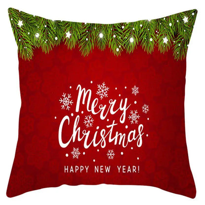 Red holiday throw pillow cover with green pine trim white merry christmas script snowflakes decorbites christmas santa