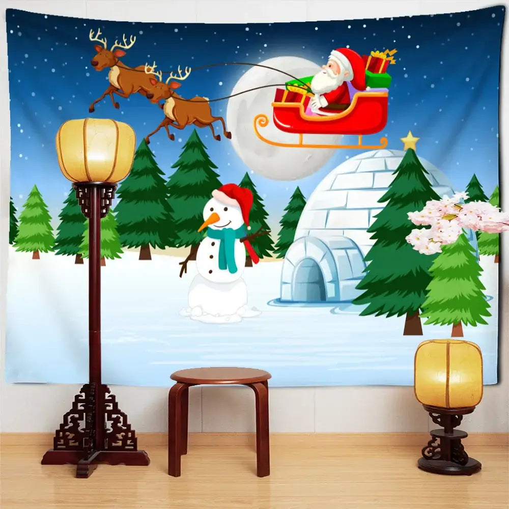 Decorbites™ christmas santa claus tapestry featuring santa claus in red sleigh pulled by reindeer against snowy night sky