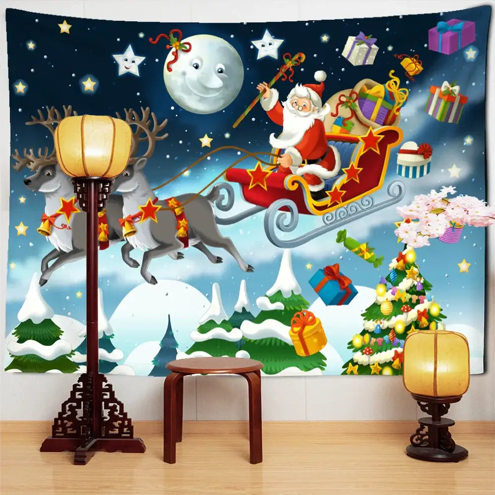 Festive decorbites™ santa claus tapestry with santa in red sleigh pulled by reindeer under starry night sky