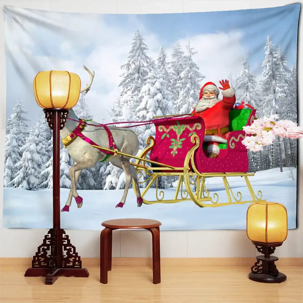 Festive red and gold decorbites™ santa claus tapestry featuring santa claus waving in sleigh pulled by white reindeer