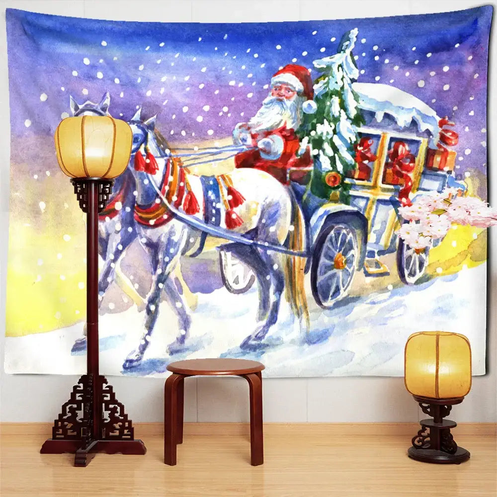 DecorBites™ santa claus tapestry features a watercolor-style claus tapestry with santa in red driving a sleigh pulled by white horses