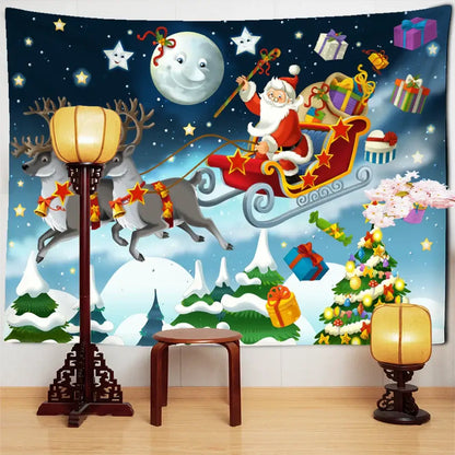DecorBites™ christmas santa claus tapestry with red sleigh and reindeer against starry sky for holiday wall decor