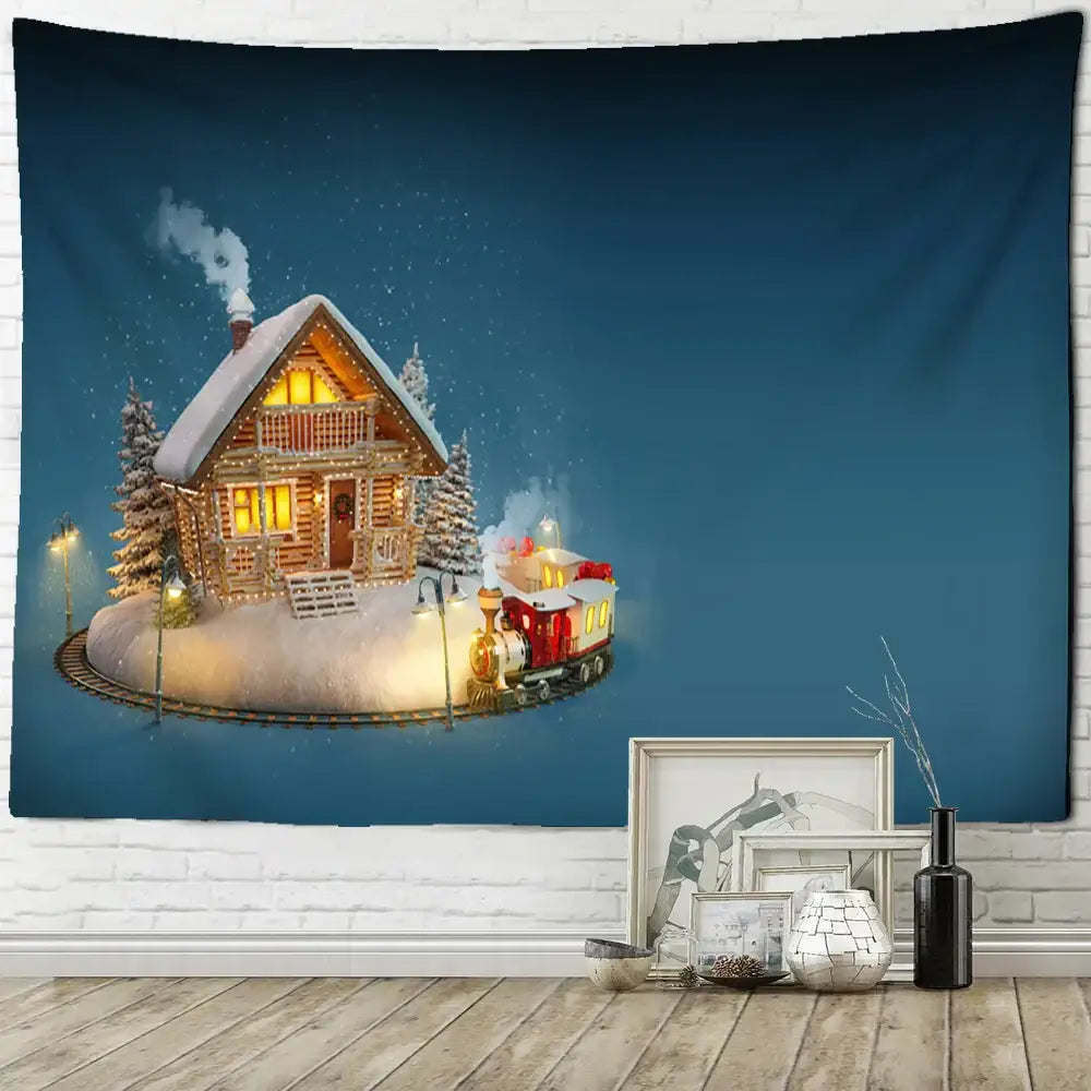 Decorbites™ christmas santa claus tapestry featuring a cozy log cabin and red train on a snowy night wall hanging