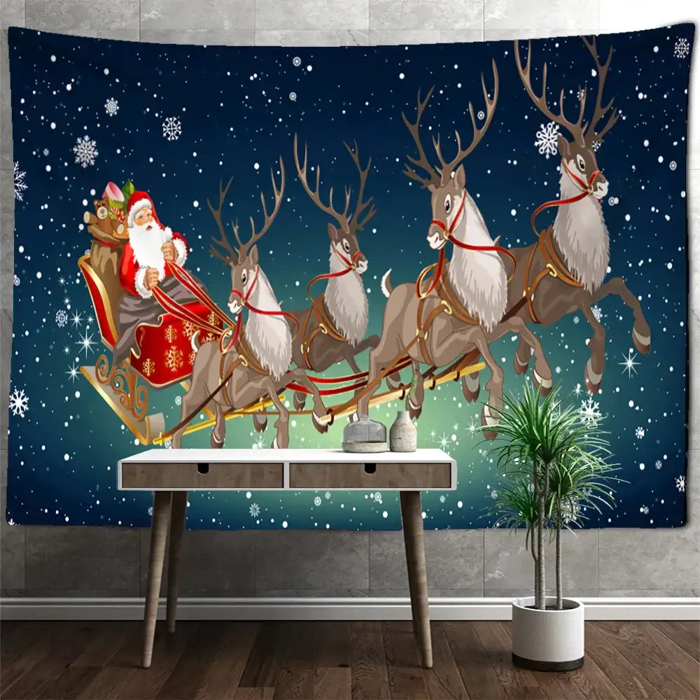 A festive decorbites™ santa claus tapestry featuring santa in a red sleigh with four reindeer under a starry sky