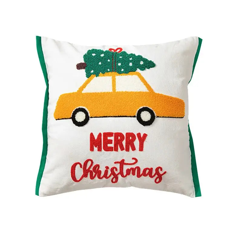 Decorbites christmas santa snowflake pillow cover white cotton with green trim and yellow car embroidery 45x45cm