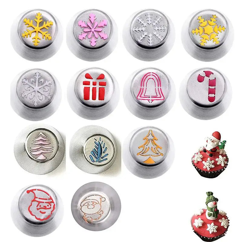Set of twelve metal DecorBites Christmas Series cake decorating nozzles with colorful festive holiday designs