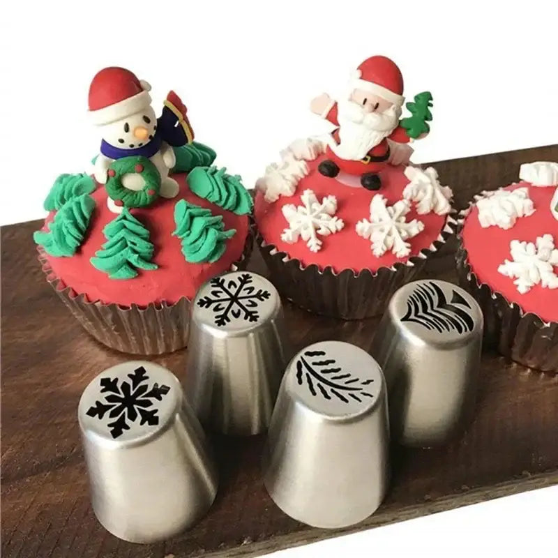 Set of silver metal decorating nozzles with snowflake and leaf designs for cake decorating by decorbites christmas series