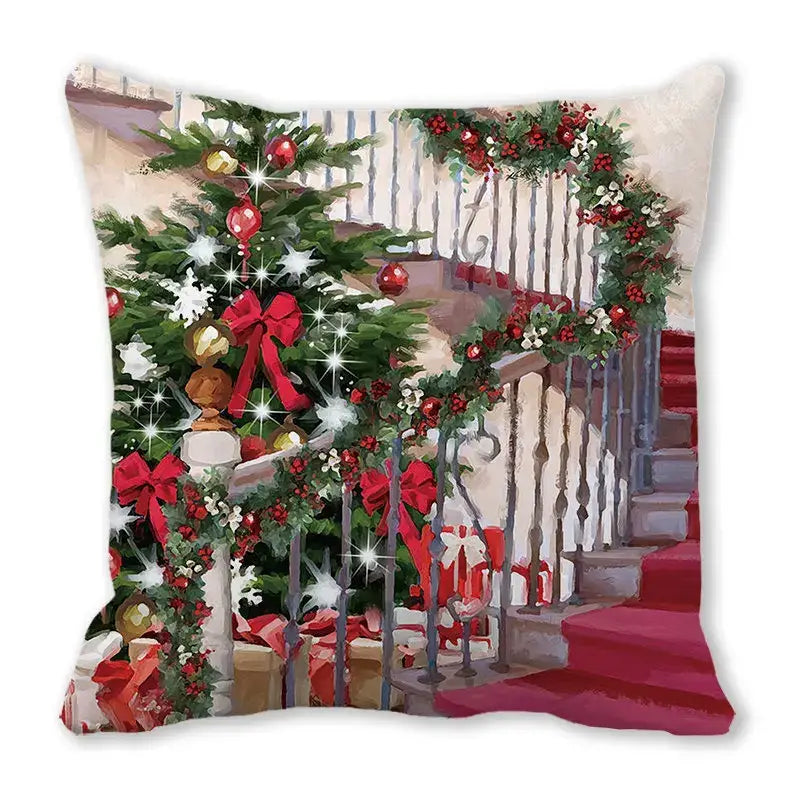 Square decorbites christmas short plush pillowcase 45x45cm with festive evergreen tree and red bows staircase decor