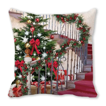 Square decorbites christmas short plush pillowcase 45x45cm with festive evergreen tree and red bow staircase decor