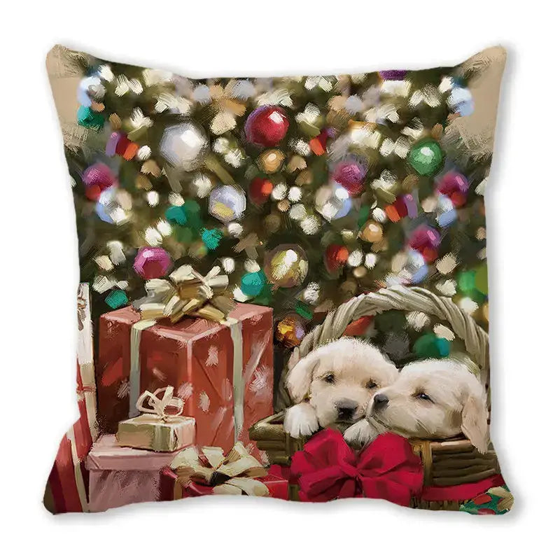 DecorBites christmas short plush pillowcase 45x45cm featuring two white puppies in a festive wicker basket scene