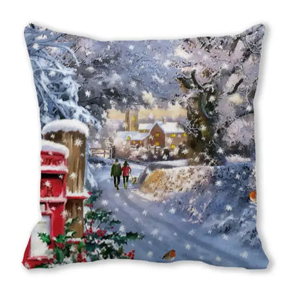 Decorbites christmas short plush pillowcase 45x45cm featuring a cozy winter village with snow and warmly lit homes