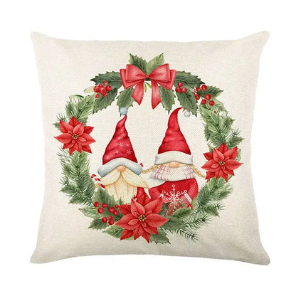 Beige linen pillow cover with festive gnome design in green wreath for decorbites christmas snow elk decor
