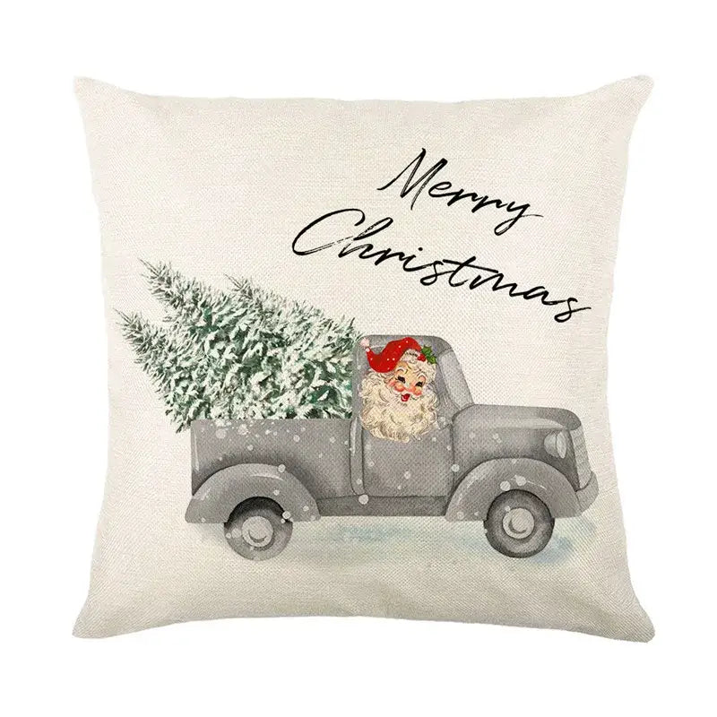 Beige linen pillow cover with vintage santa claus in gray truck and merry christmas script by decorbites christmas snow elk