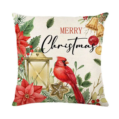 Decorbites christmas snow pillow cover featuring a red cardinal lantern poinsettias on off-white linen fabric for festive decor