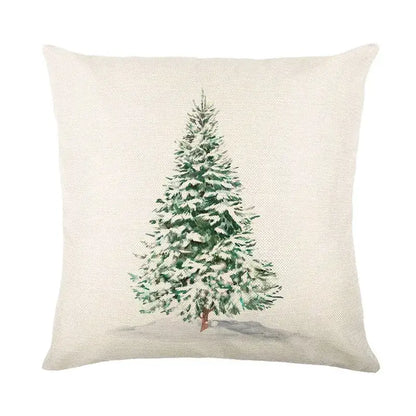 Beige linen pillow cover featuring decorbites christmas snow elk design with watercolor snow-covered evergreen tree
