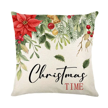 Beige linen pillow cover with festive red poinsettias and christmas time text by DecorBites Christmas Snow Elk