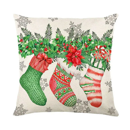Decorbites christmas snow elk pillow cover with three embroidered stockings on beige linen for festive home decor