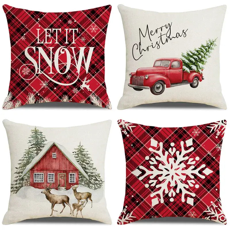 Red and white plaid pillow cover with large snowflake design from decorbites christmas snow elk collection for festive decor