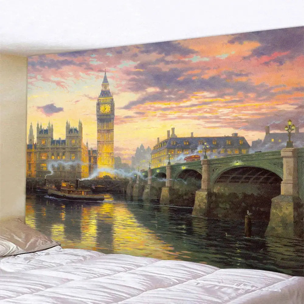 Decorbites christmas snow forest oil painting tapestry with vibrant sunset hues featuring big ben and westminster bridge