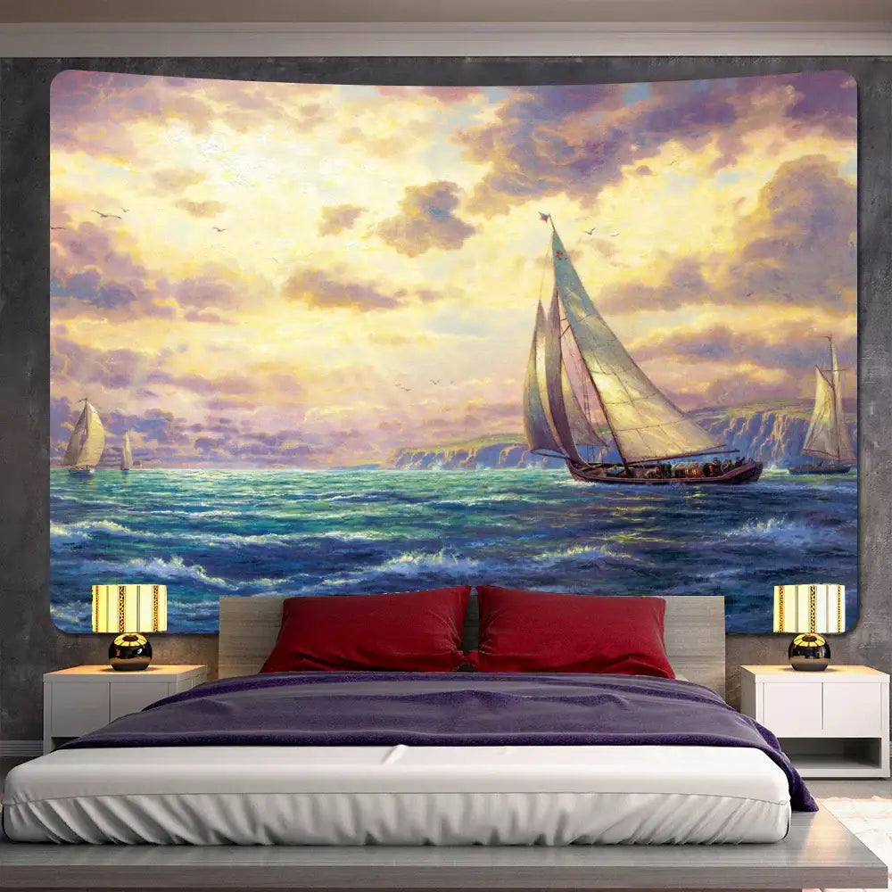 Decorbites christmas snow forest oil painting tapestry featuring vibrant sunset sailboats on turbulent blue waters