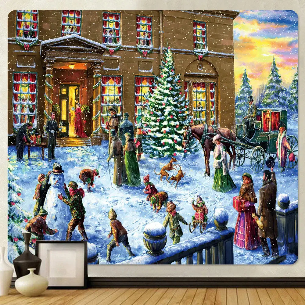Decorbites christmas snow forest oil painting tapestry featuring a snowy street scene with children and adults in period attire