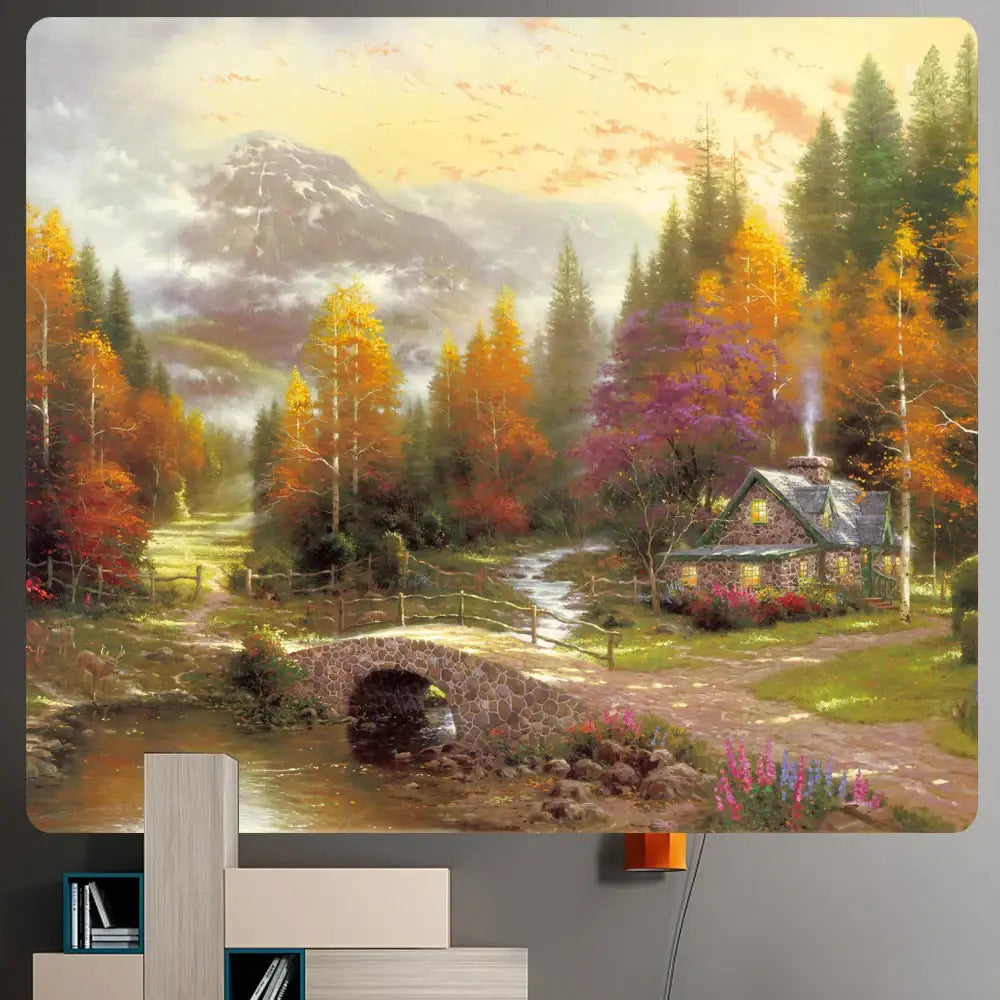Decorbites christmas snow forest oil painting tapestry featuring warm autumn stone bridge and cozy cabin wall decoration