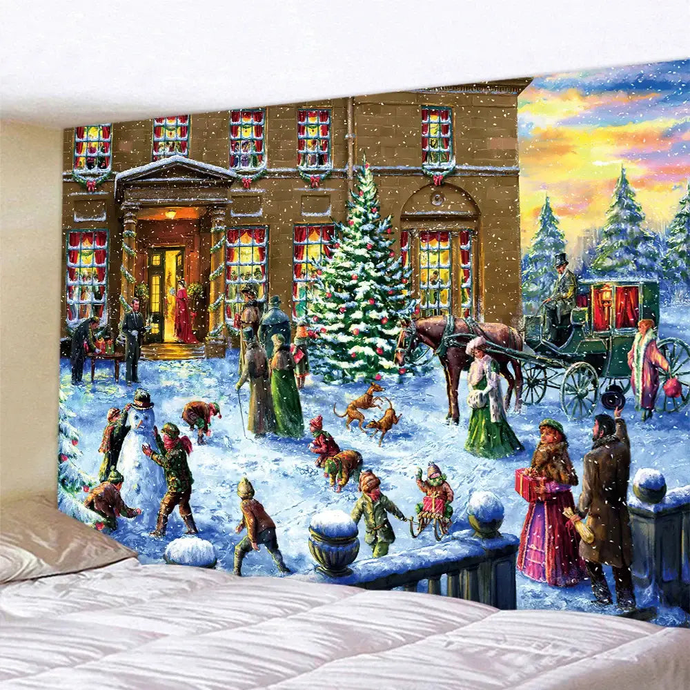 Decorbites christmas snow tapestry featuring a snowy street scene with horse carriage and decorated tree for bohemian decor