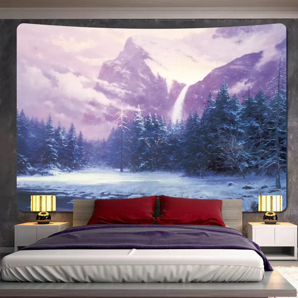 DecorBites Christmas snow rectangular tapestry with serene snow forest oil painting under purple sky for wall decor