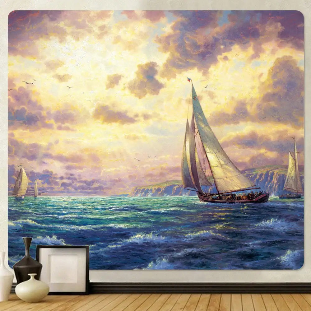 Decorbites christmas snow forest oil painting tapestry featuring a vibrant seascape sailboat under golden sky