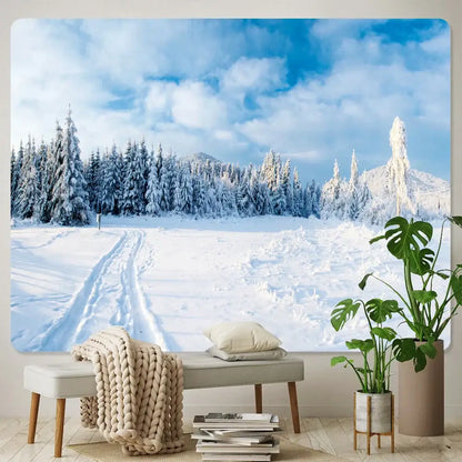 Decorbites christmas snow forest tapestry featuring snow-covered frost-laden trees and a winding path under blue sky