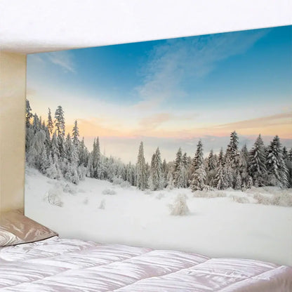 Decorbites christmas snow forest tapestry featuring snow-covered pine trees under a twilight sky for bohemian decor