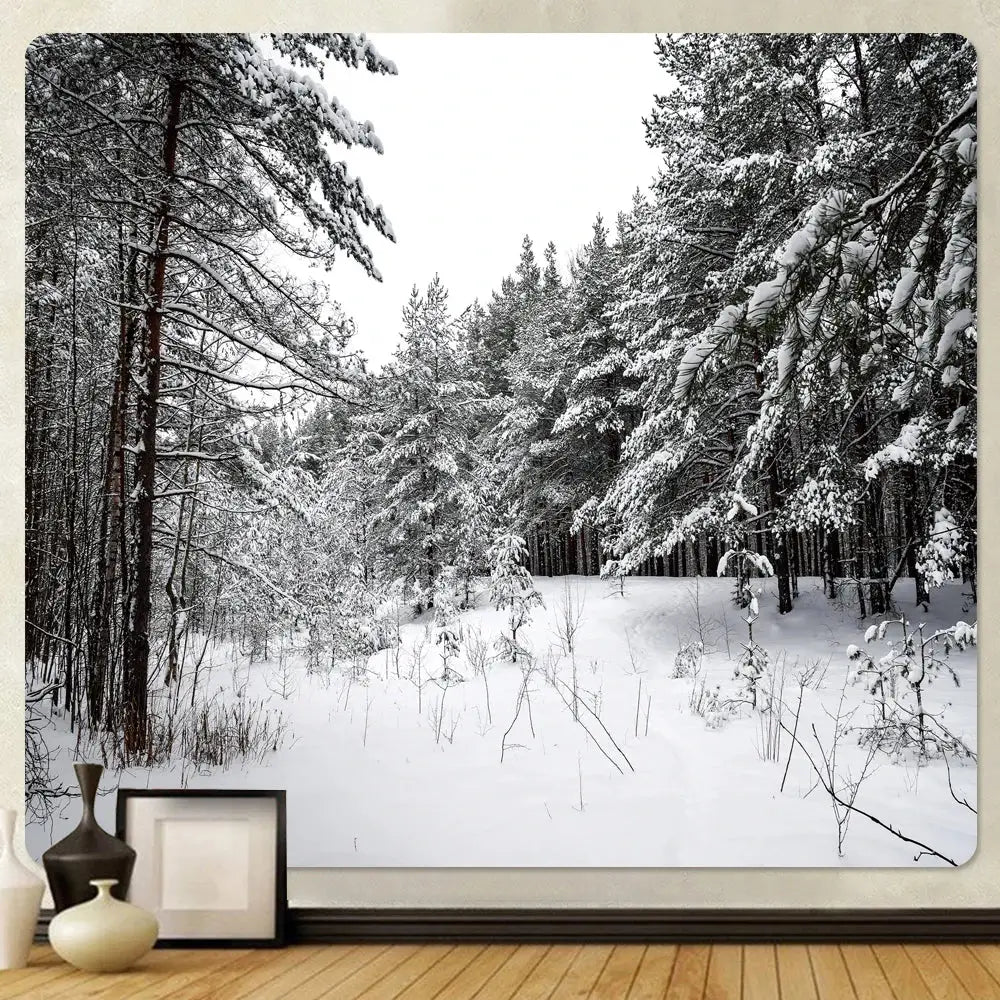Decorbites christmas snow black-and-white snow forest tapestry hanging above vases and framed picture for bedroom decor
