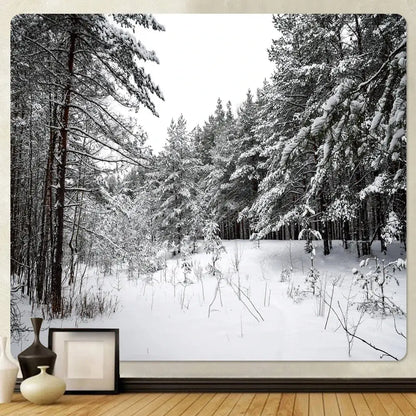Decorbites christmas snow black-and-white snow forest tapestry hanging above vases and framed picture for bedroom decor