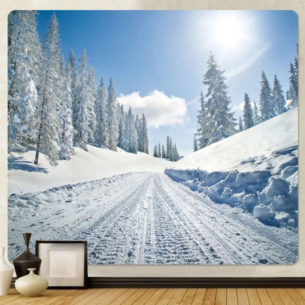 Decorbites christmas snow forest tapestry featuring snow-covered pine trees along a sunlit winter road wall hanging