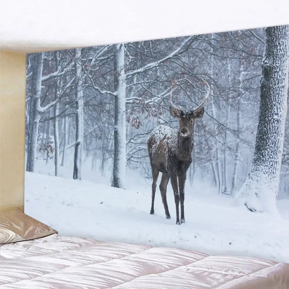 Decorbites christmas snow forest tapestry featuring a snow-dusted deer with prominent antlers in a wintry scene