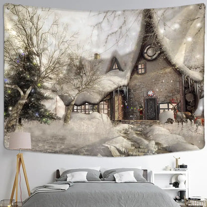 Decorbites christmas snow house tapestry wall hanging featuring a snow-covered stone cottage with festive lights and tree