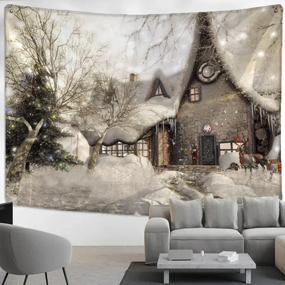 Decorbites christmas snow tapestry featuring a snow house with stone facade, festive lights, and evergreen trees