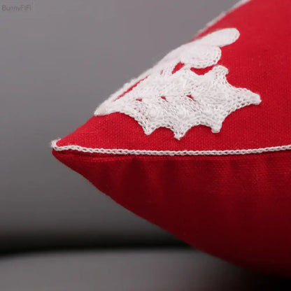 Red cushion cover with white lace embroidery and matching stitching for decorbites christmas snowflake deer pillow case