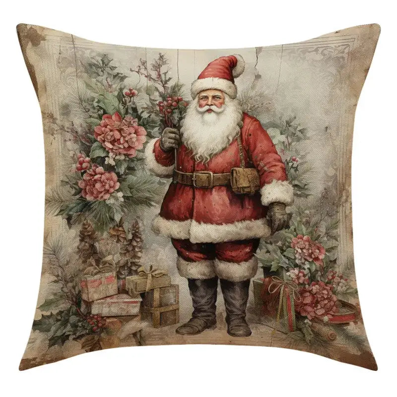 Decorbites christmas snowman red and white vintage santa claus throw pillow with floral and gift box accents