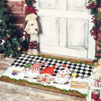Decorbites christmas snowman floor mat with three red and white hat gnomes on black and white checkered background with holly trim