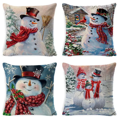 Set of four DecorBites christmas snowman pillow covers featuring embroidered snowmen with red scarves for festive decor